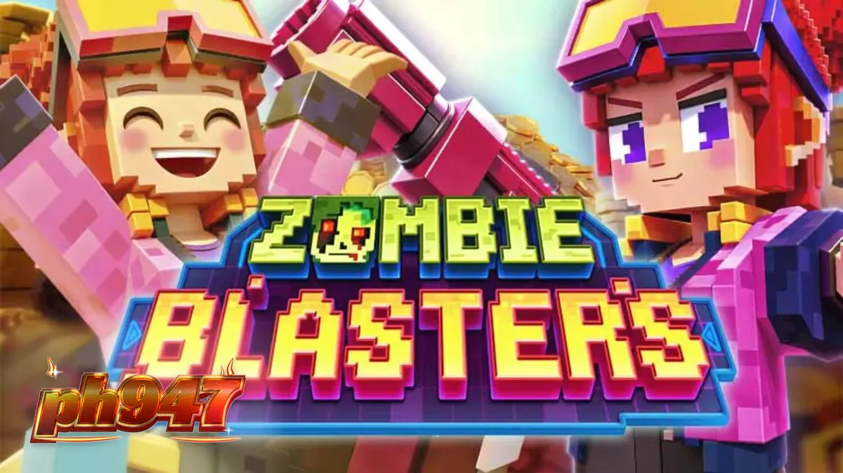 Isang makulay na screen ng Zombie Blasters slot na nagpapakita ng mga simbolo ng zombie at arcade style graphics.